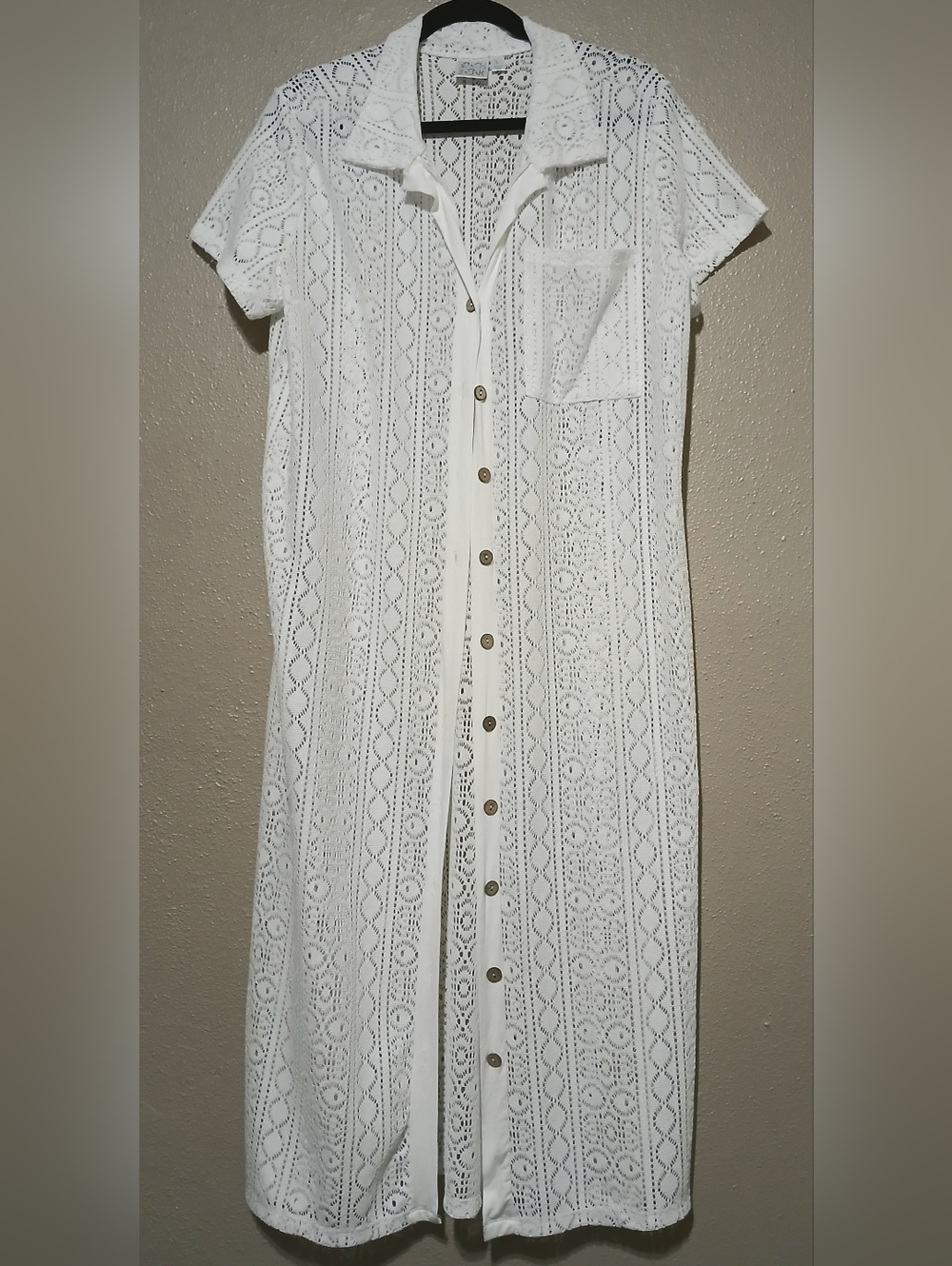 Women's white crochet button-front midi beach-wear shirt dress